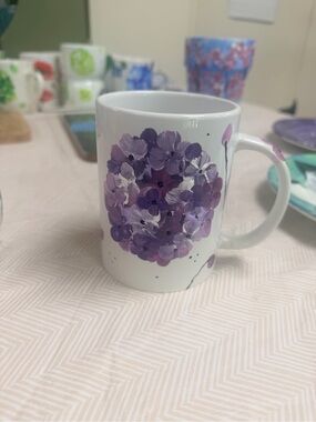 Hand Painted by ME! White Ceramic Mug with Purple Floral Cluster